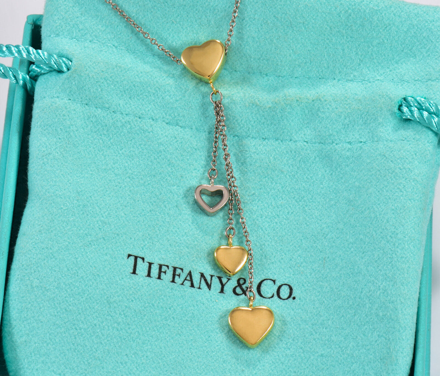 Tiffany & Co 18K Yellow White Gold Heart Drop Pendant Dangle Necklace in Box