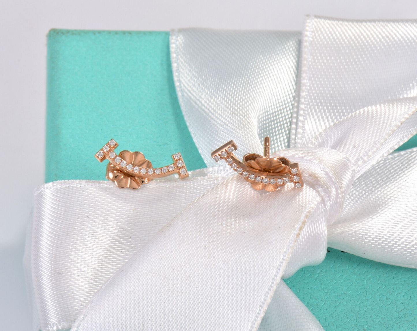 Tiffany & Co Diamond 18K Rose Gold Smile Earrings in Box Pouch Ribbon Studs Love