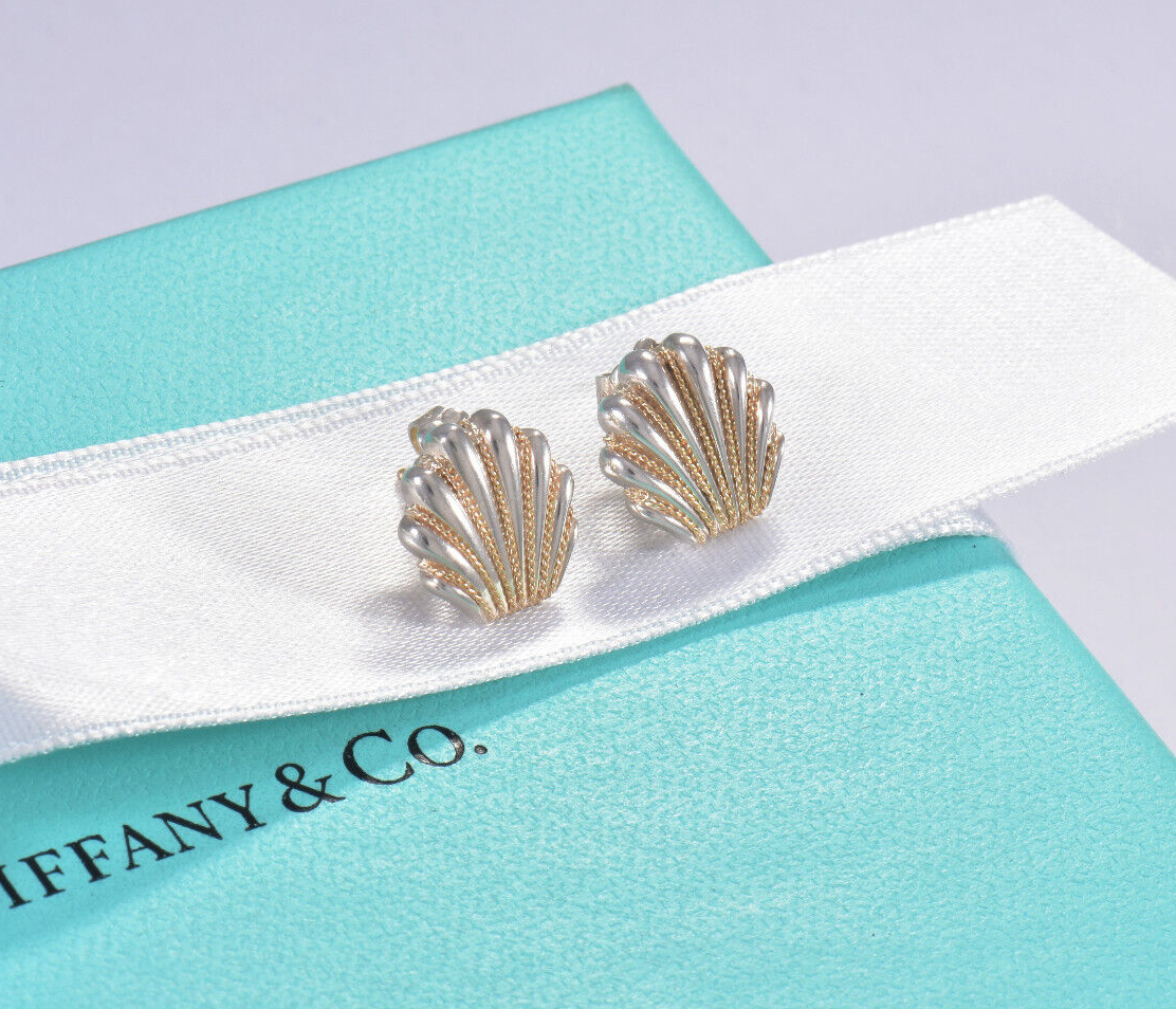 Vintage Tiffany & Co 14K Gold Silver Sea Shell Braid Swirl Earrings & Pouch Rare