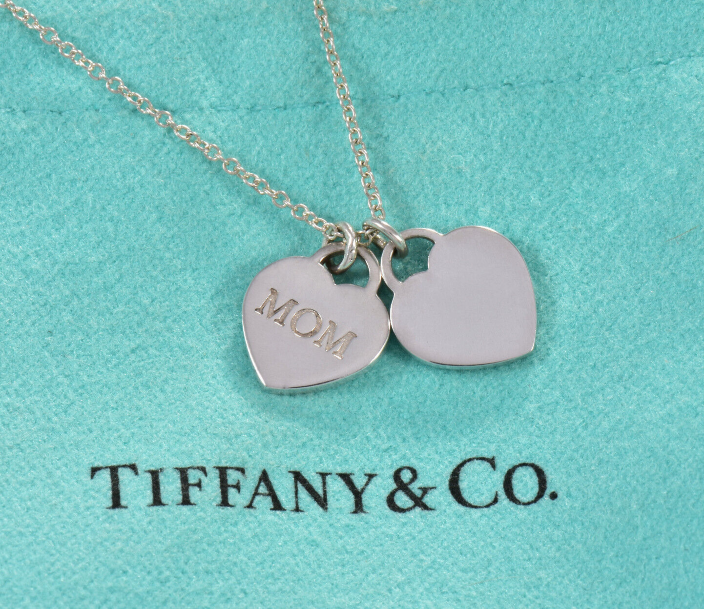 Tiffany & Co Silver "Mom" Mini Double Heart Pendant 19" Necklace in Box Pouch