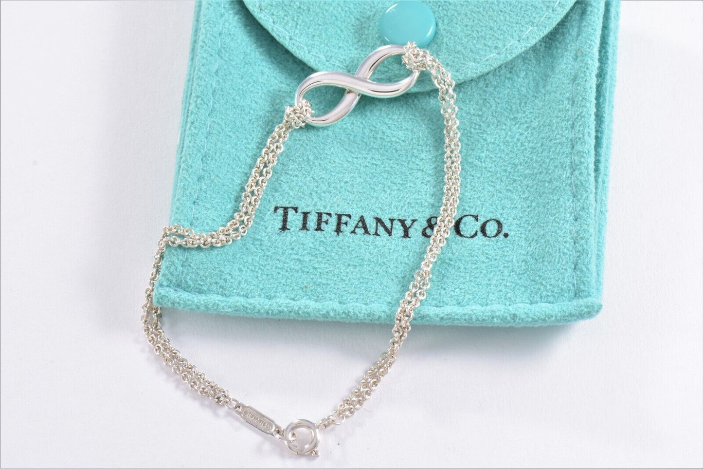 Tiffany & Co Sterling Silver Double Chain Infinity Bracelet 6.35" in Pouch Love