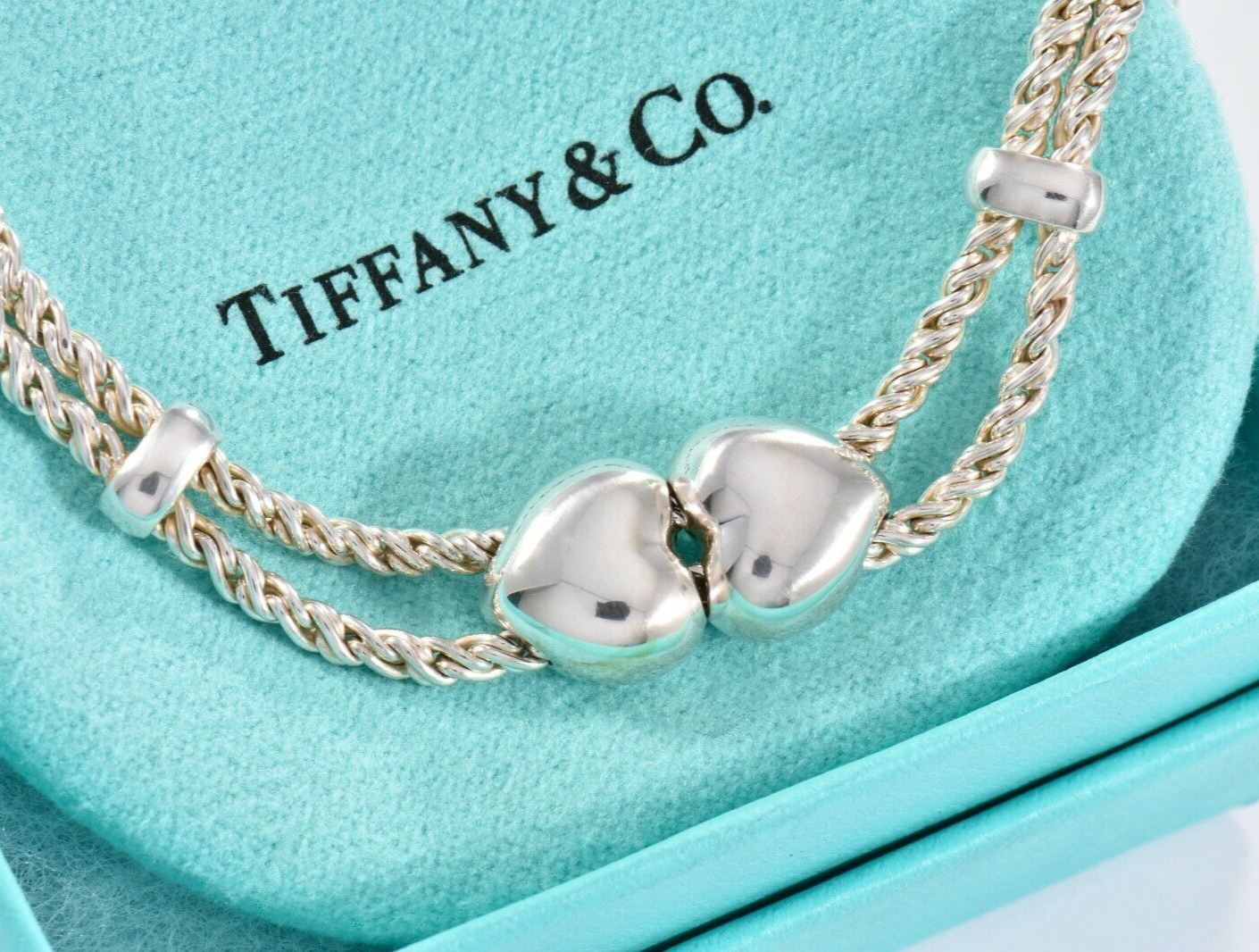 Tiffany & Co Italy Silver Double Heart Rope Chain Necklace 16.5" Chain in Pouch