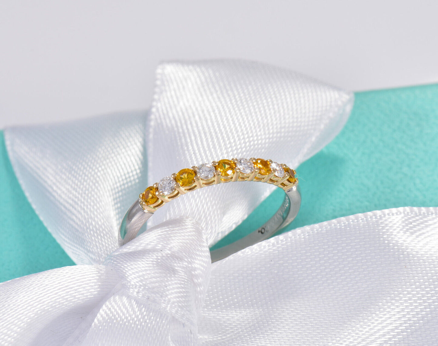 Tiffany & Co Diamond Gold Yellow Sapphire Platinum Band Size 7 Ring in Box Pouch