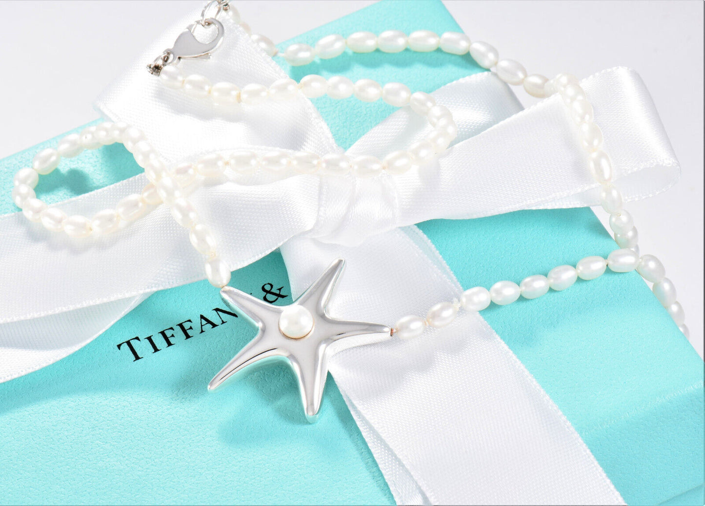 Vintage Tiffany & Co Sterling Silver Pearl Bead Starfish Pendant Necklace Pouch