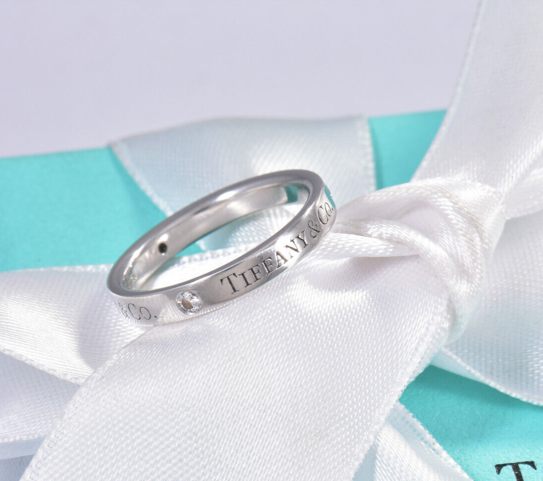 Size 8 Tiffany & Co Diamond Platinum Band 3mm Ring in Box Pouch .07 ct Classic