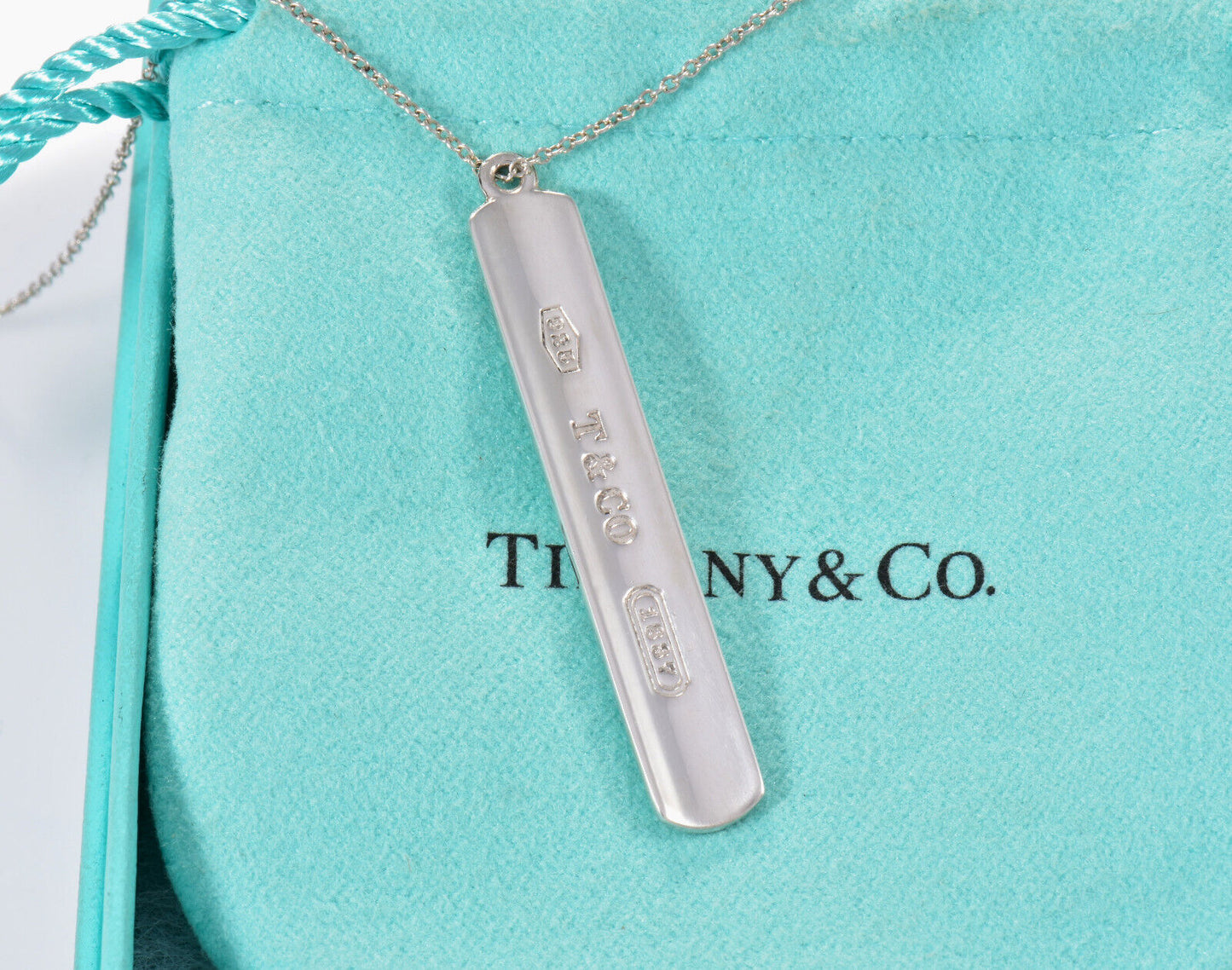 20" Tiffany & Co  Silver Larger 1837 Thin Bar Pendant Necklace Box Pouch Ribbon