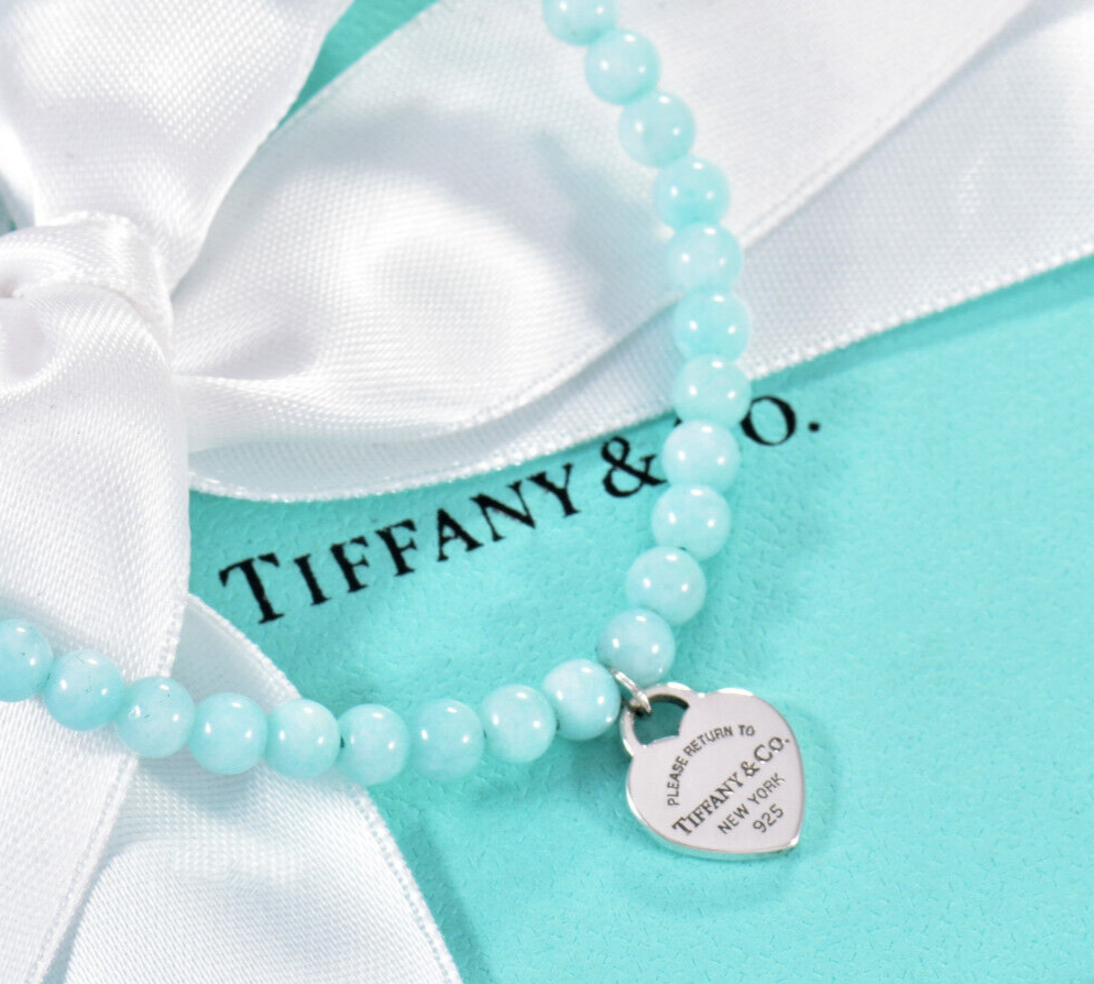 7.55" Please Return To Tiffany & Co Silver Heart Charm Amazonite Bead Bracelet