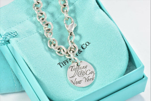 8" Tiffany & Co Silver NY Round Wavy Notes Tag Charm Chain Link Bracelet & Pouch