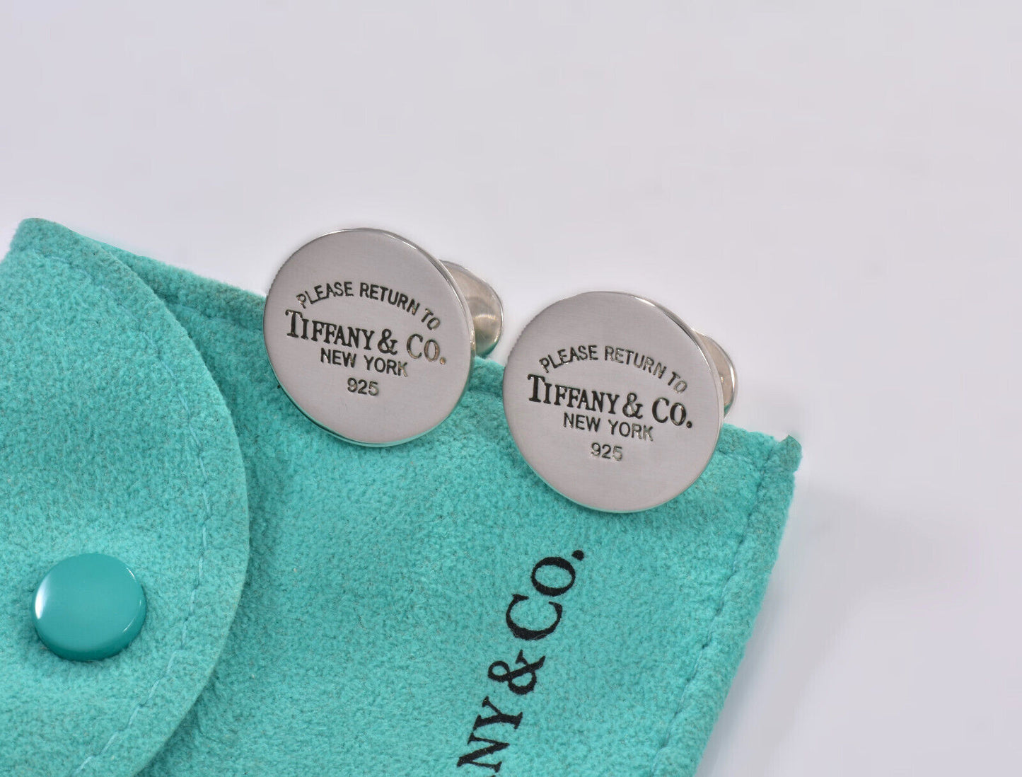 Please Return Tiffany & Co Sterling Silver Round Cufflinks in Pouch Mens Circle