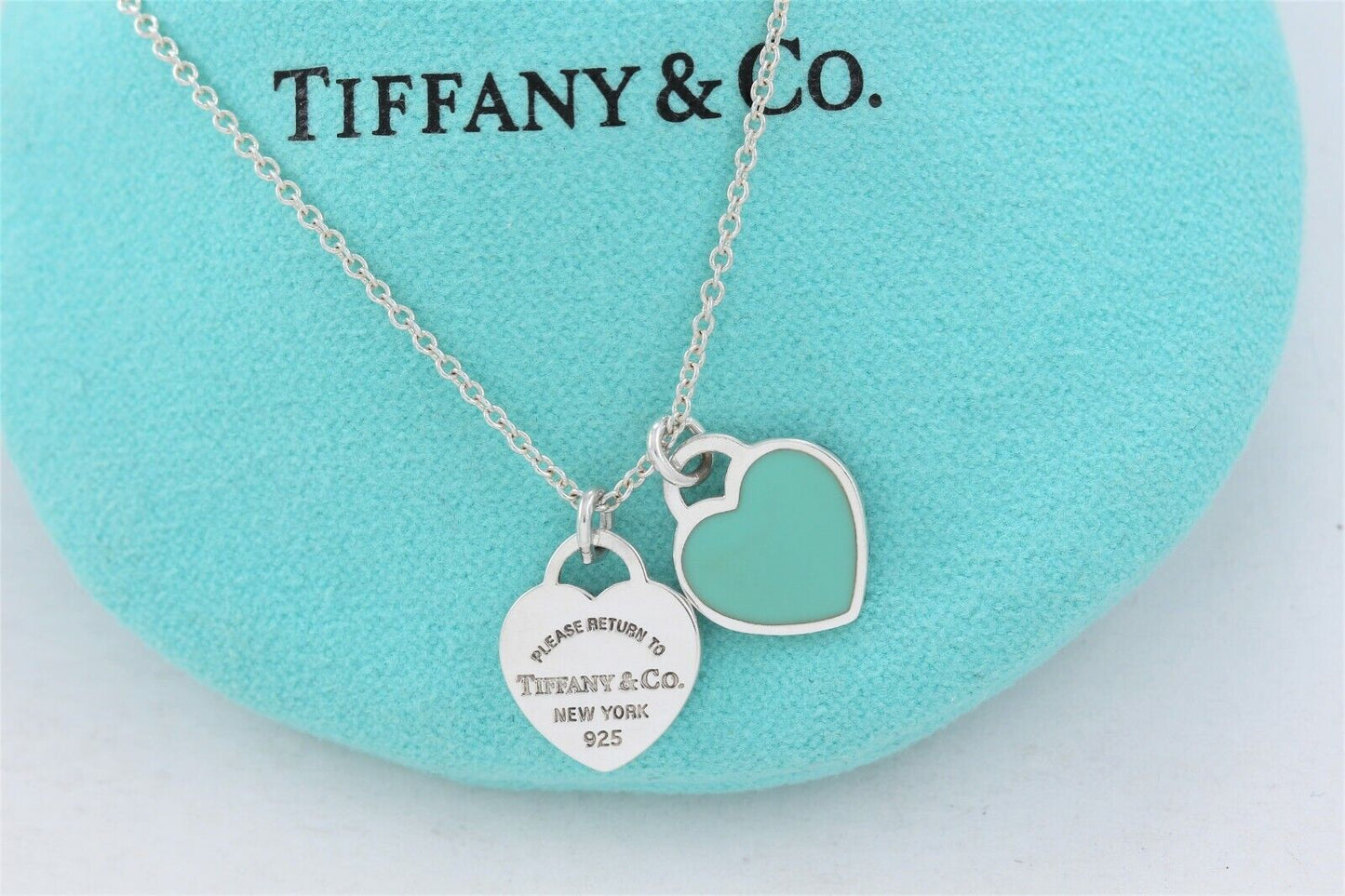 Please Return To Tiffany & Co Silver Mini Double Heart Blue Enamel 16" Necklace