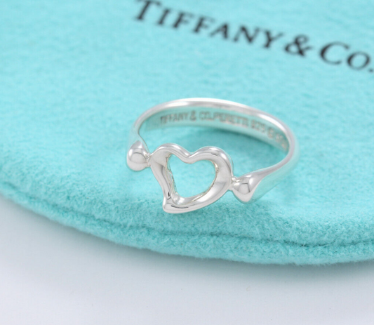 Tiffany & Co Silver Elsa Peretti Open Heart Ring Size 5.5 in Pouch Lovely Signet