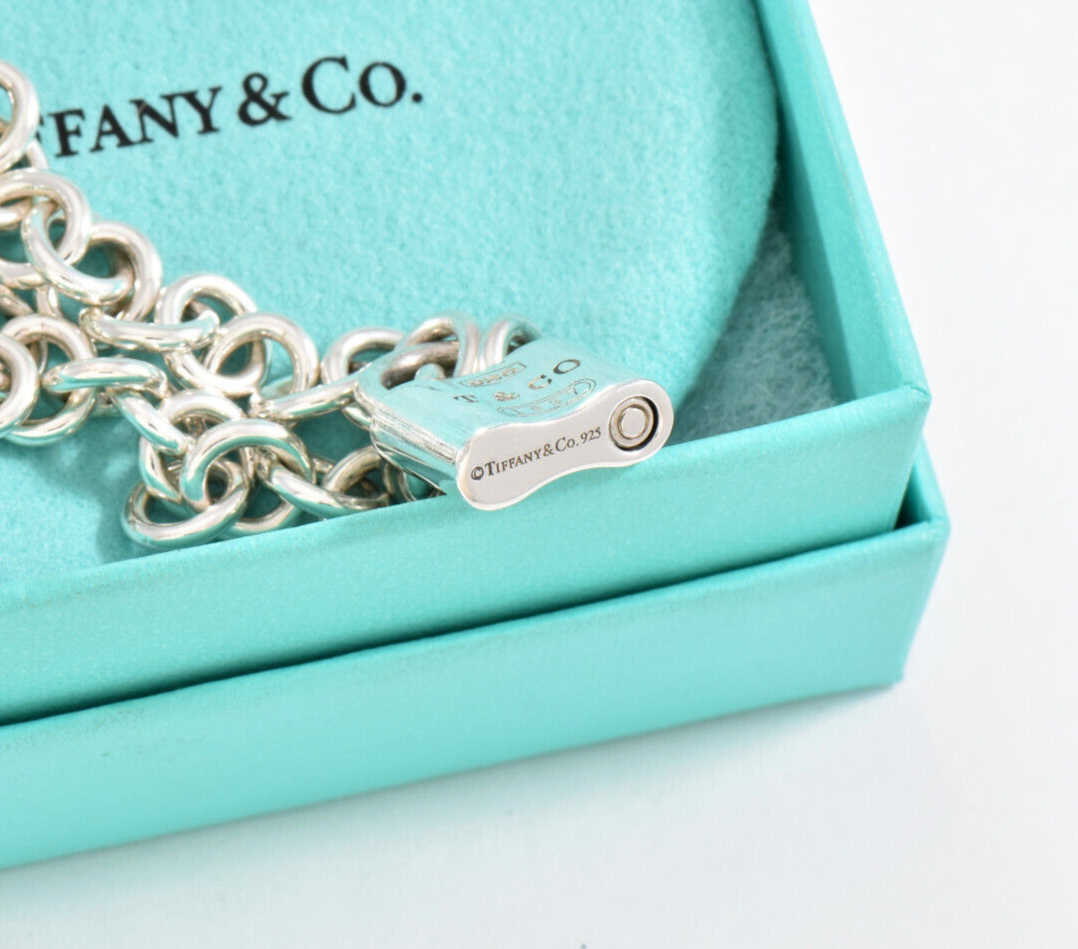 7.75" Tiffany & Co Sterling Silver 1837 Lock Chain Link Bracelet in Pouch Rare