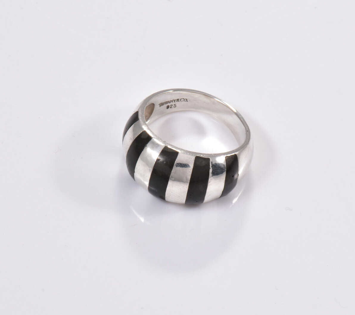 Size 7 Tiffany & Co Silver Black Enamel Stripe Dome Ring Wide Band Rare Thick