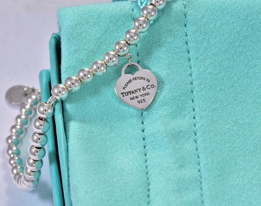 7.5" Please Return To Tiffany & Co Silver Heart Tag Charm Bead Bracelet in Pouch