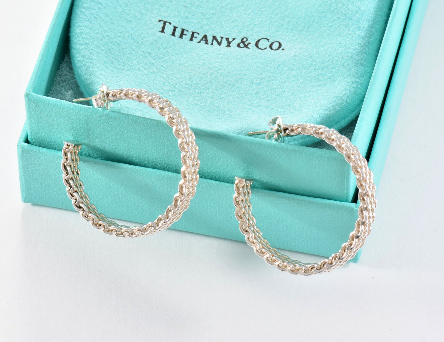 Tiffany & Co Sterling Silver Large 33mm Mesh Hoop Earrings in Box Narrow Rare