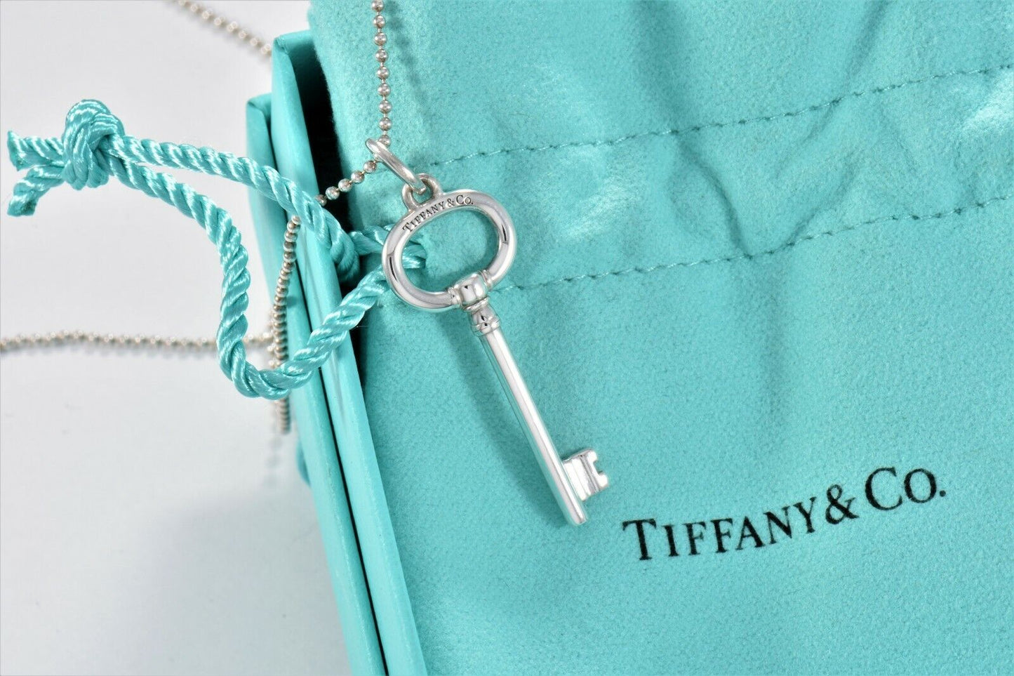 Tiffany & Co Sterling Silver 1.5" Oval Key Pendant 18" Bead Chain Necklace Pouch