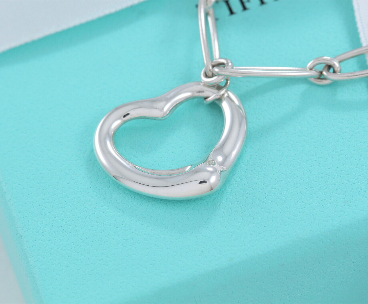 7.5" Tiffany & Co Elsa Peretti Silver Open Heart Oval Link Chain Bracelet Pouch