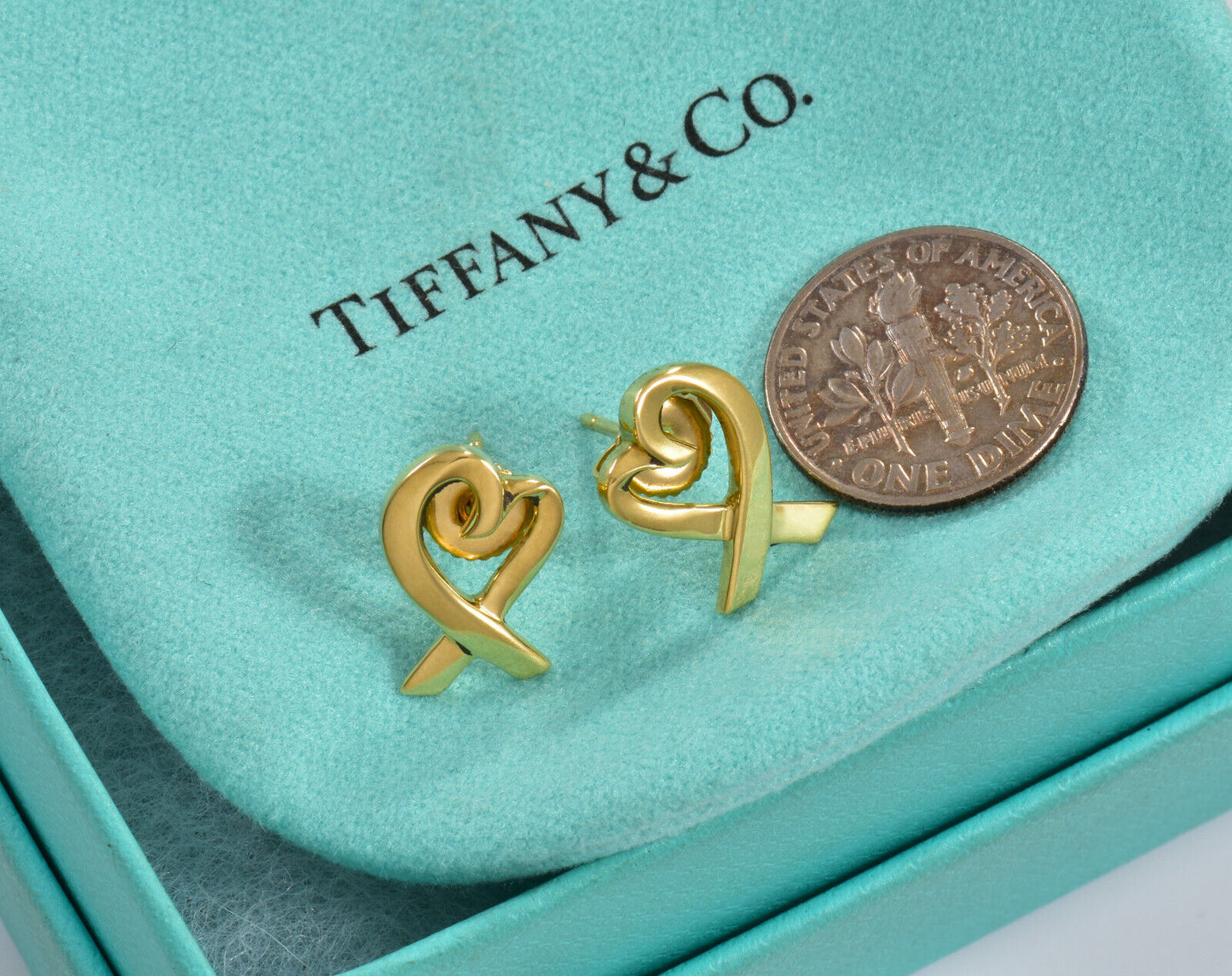 Tiffany & Co 18K Yellow Gold Paloma Picasso Loving Heart Stud Earrings in Box