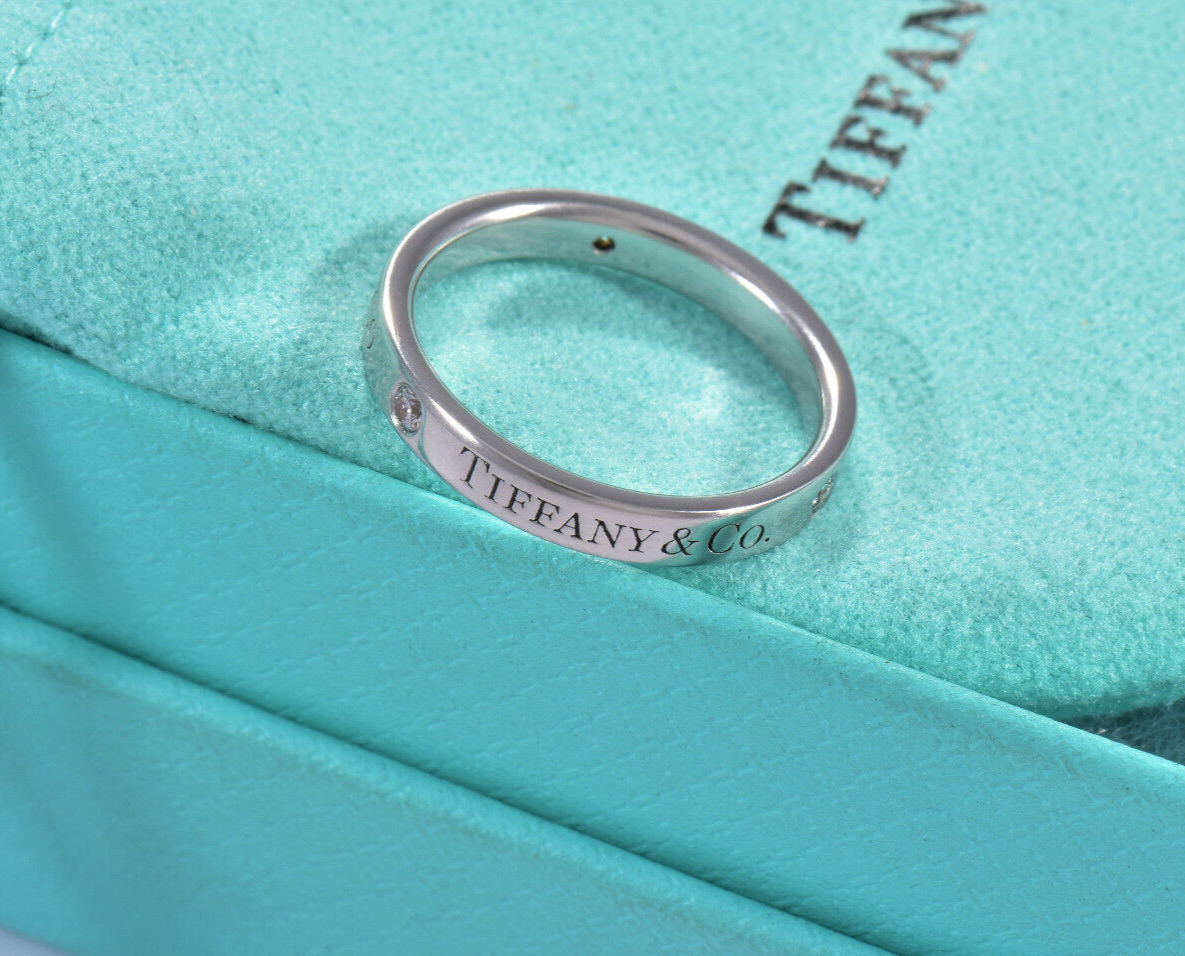 Size 8 Tiffany & Co Diamond Platinum Band 3mm Ring in Box Pouch .07 ct Classic