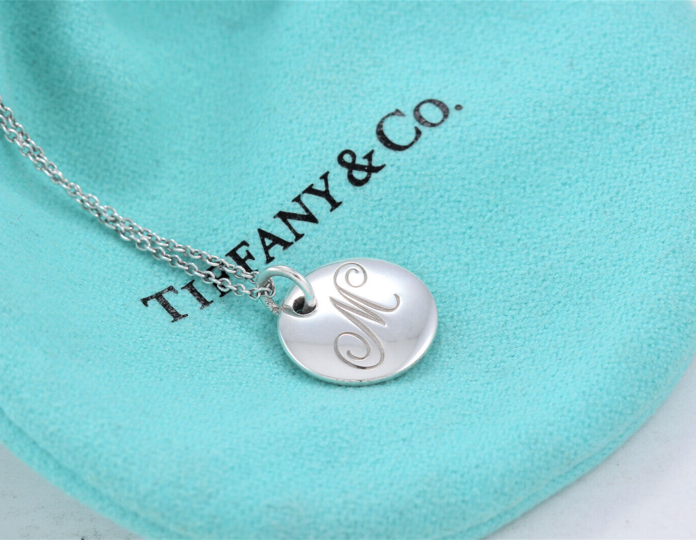 Tiffany & Co Silver Letter M Cursive Circle Pendant 16.25" Necklace in Box Pouch