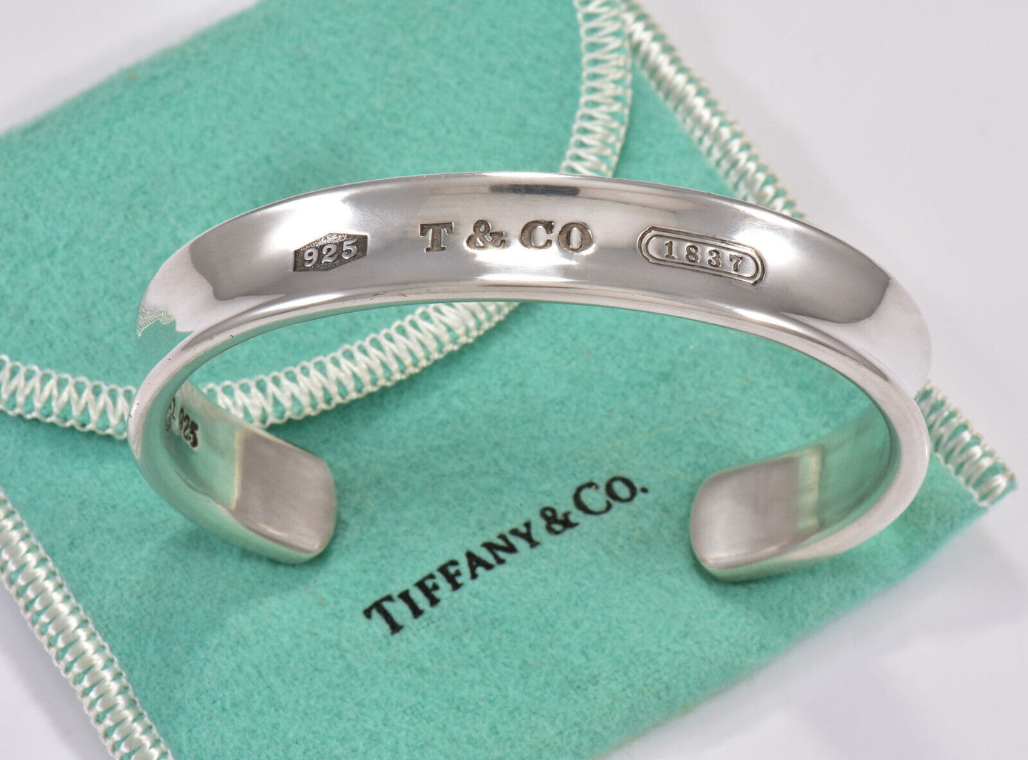 7.25" Tiffany & Co Sterling Silver 12mm Wide 1837 Cuff Bracelet in Pouch Unisex