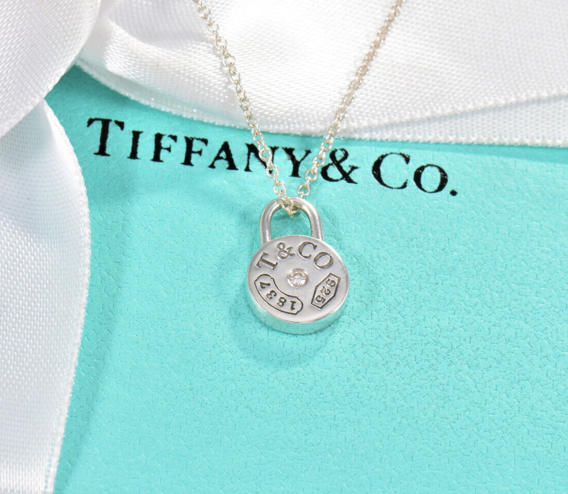 Tiffany & Co Diamond Silver 1837 Round Lock Circle Pendant 16" Necklace in Box