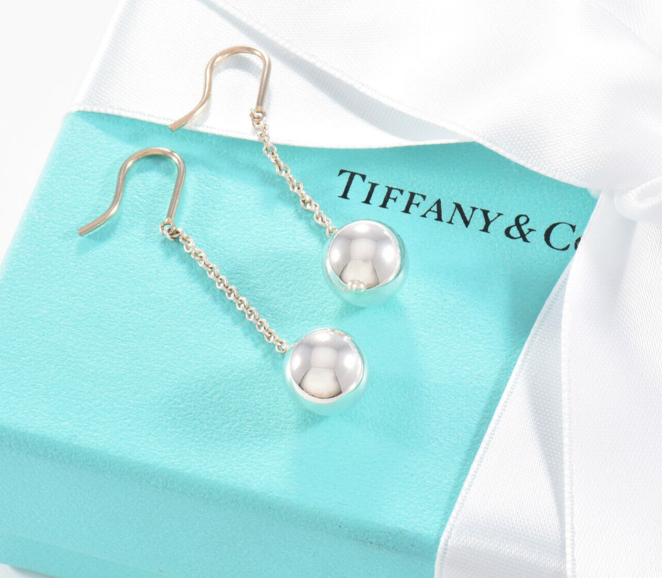 Tiffany & Co Sterling Silver 10mm HardWear Bead Drop Hook Earrings in Box Pouch