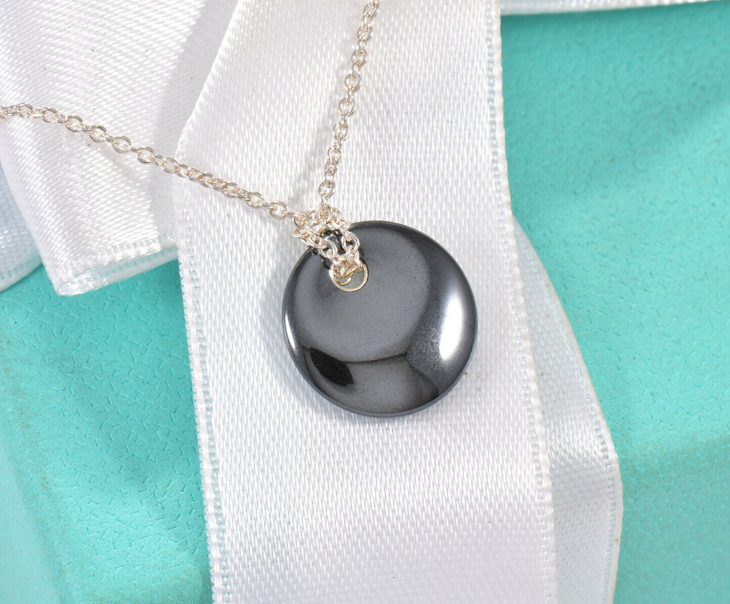 Tiffany & Co Silver Elsa Peretti Hematite Round Disk Pendant Necklace Box Pouch