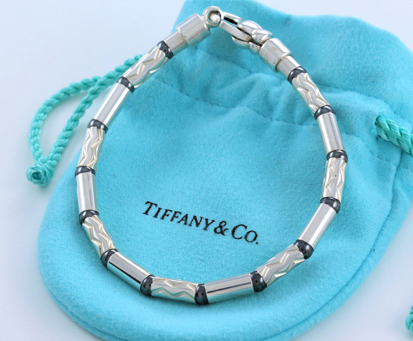 7.75" Tiffany & Co Silver Hematite Aztec Bead Link Bracelet in Pouch Rare Men's