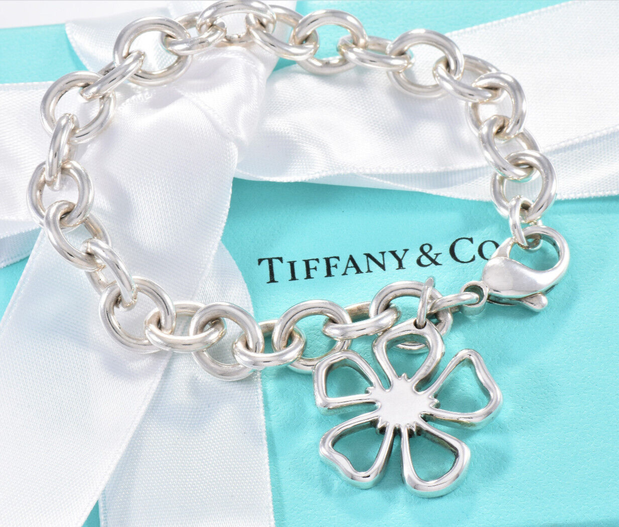 7.5" Tiffany & Co Silver Hibiscus Flower Charm Chain Link Bracelet in Box Pouch