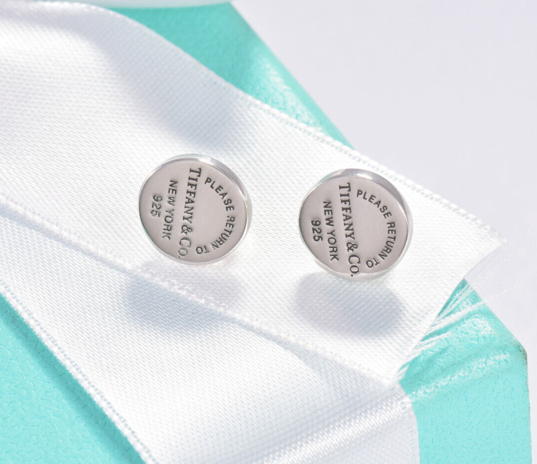 Please Return To Tiffany & Co Silver Circle Stud Earrings in Box Pouch Ribbon