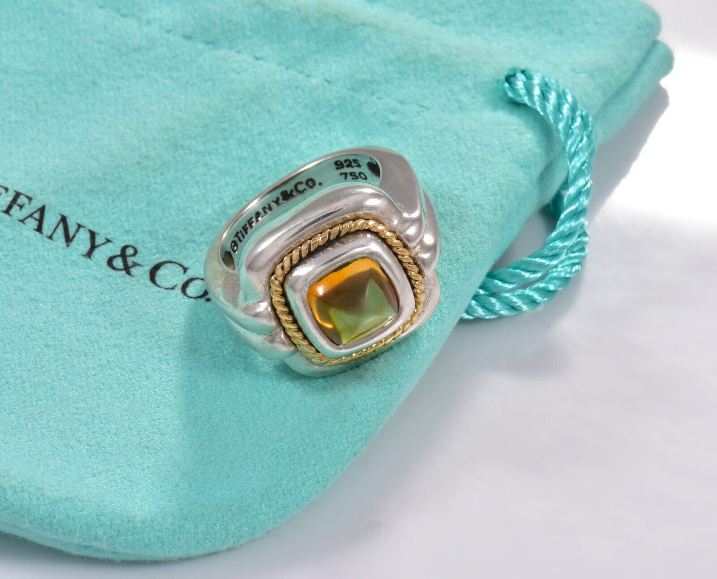 Tiffany & Co Gold Silver Rope Citrine Orange Quartz Cocktail Ring in Pouch Sugar