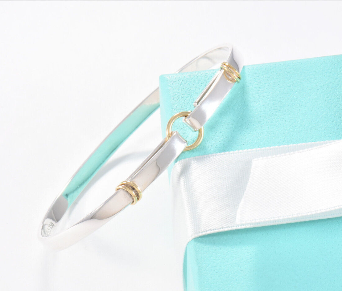 Tiffany & Co Silver 18K Gold Circle Loop Ring Hook 6.75" Bracelet in Box Pouch