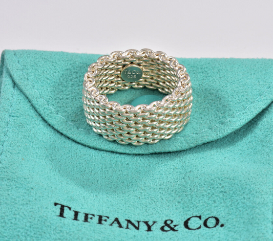 Size 8 Tiffany & Co Somerset Sterling Silver Mesh Link Band Ring in Pouch Rare