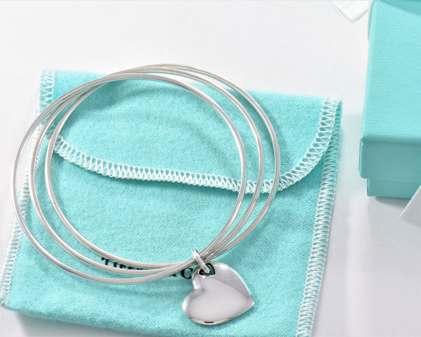 7.75" Boxed Tiffany & Co Silver Heart Stencil Charm Bracelet Wire Bangle Large