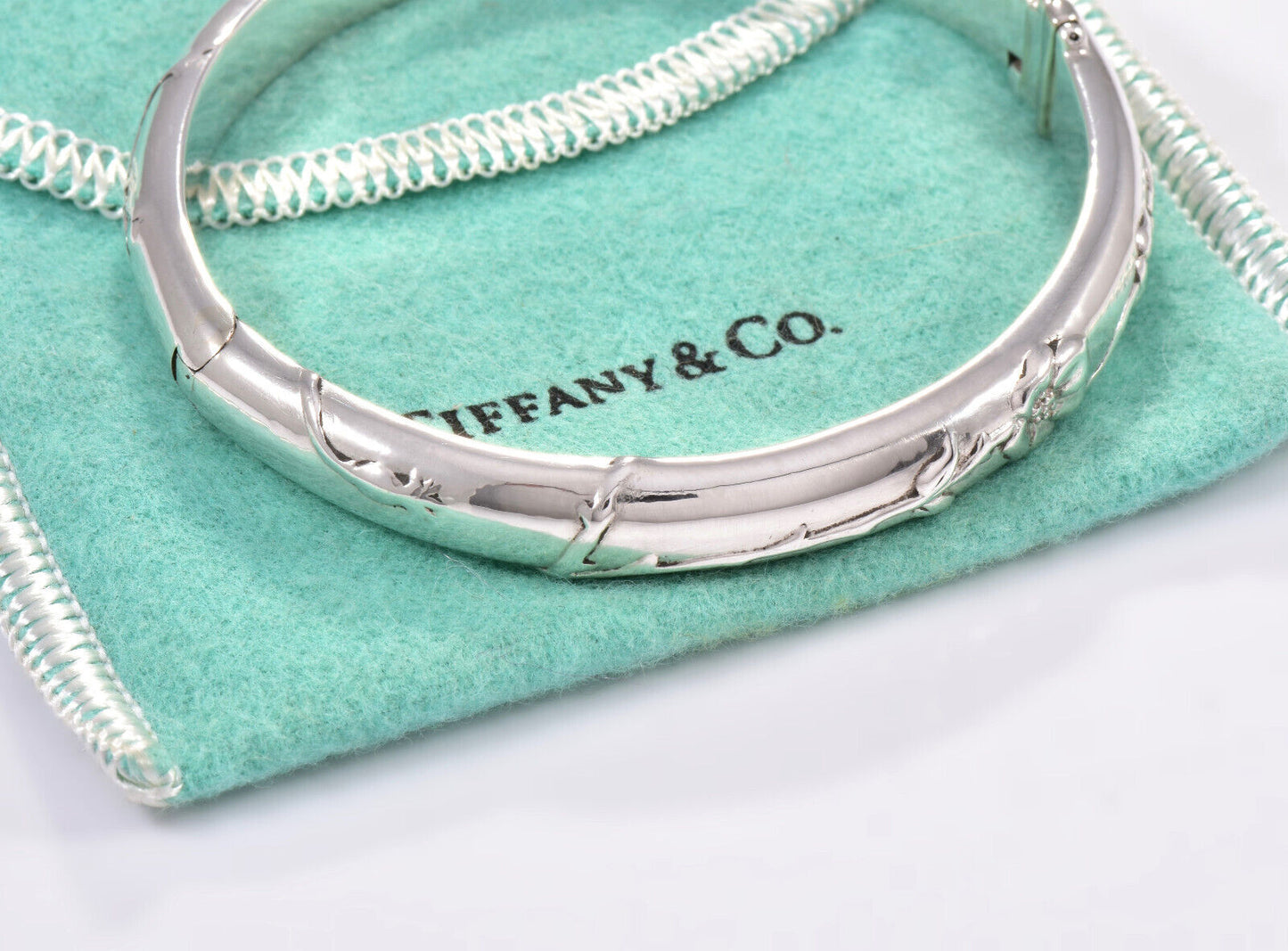 Tiffany & Co Silver Rose Flower Bangle Hinged Bracelet in Box Pouch Ribbon Rare