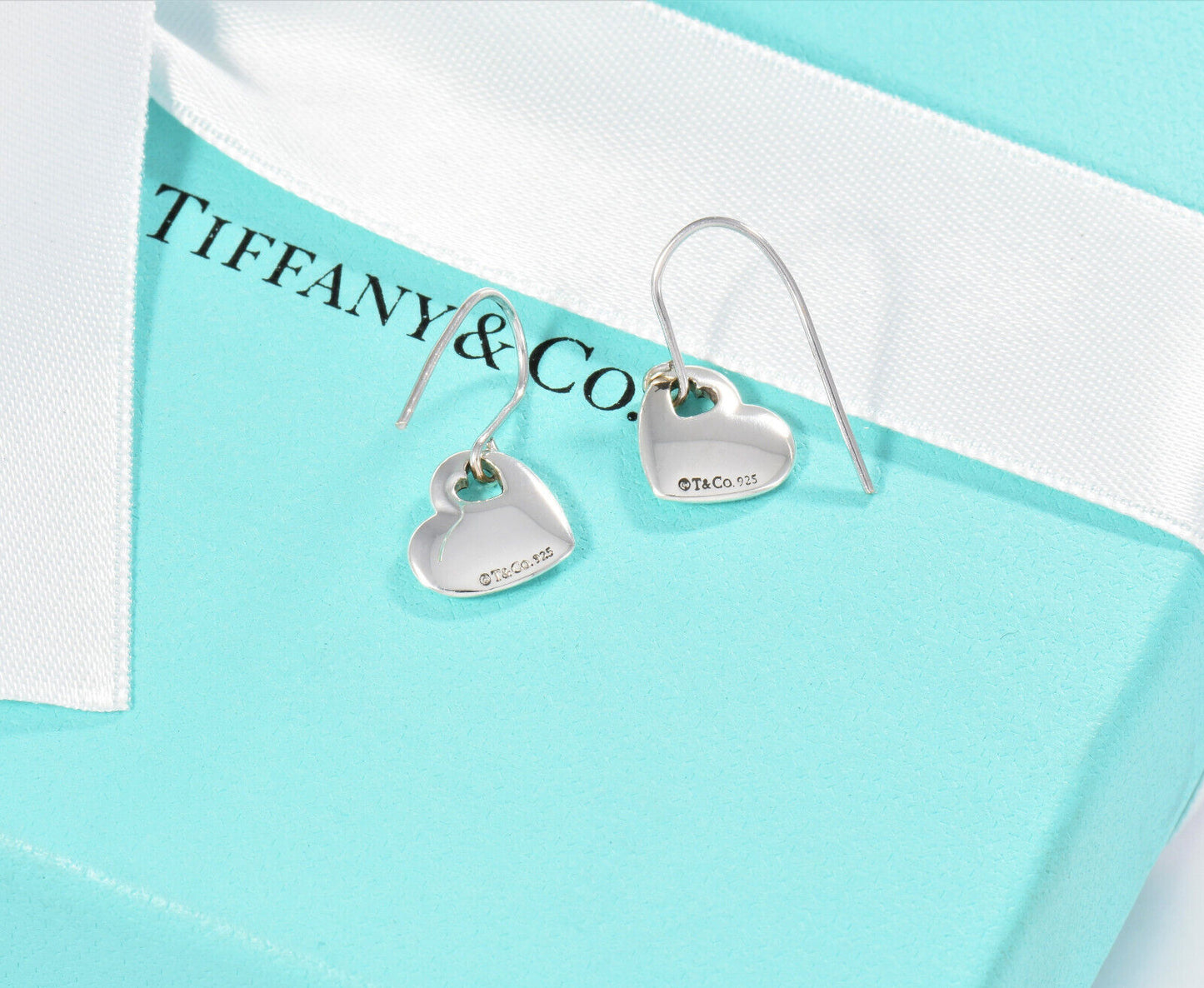 Tiffany & Co Silver Puff Heart Stencil Hook Earrings in Box Pouch Ribbon Dangle