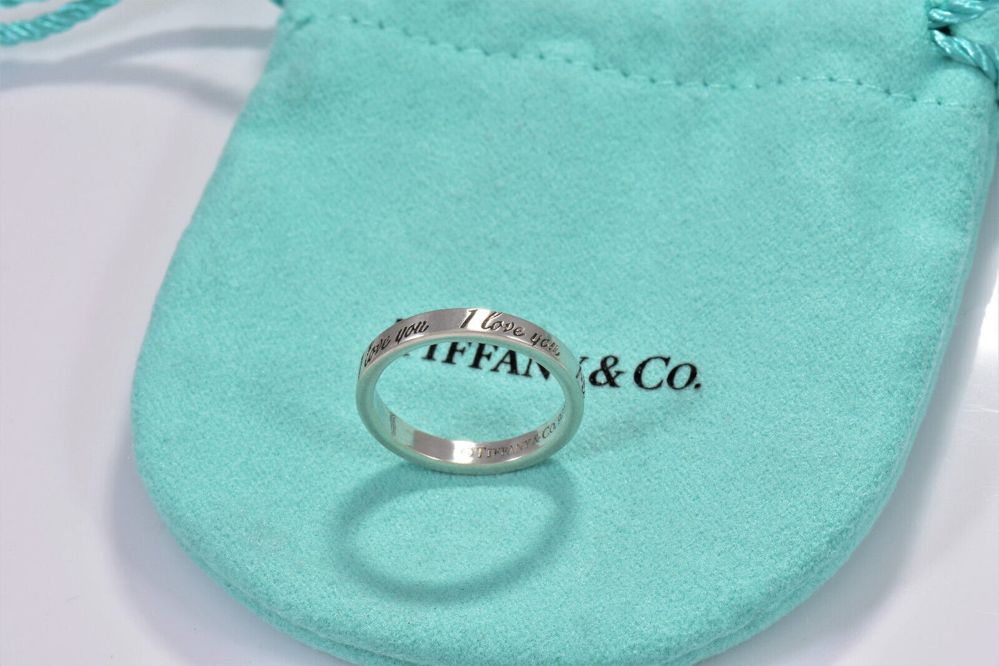 Size 9 Tiffany & Co Sterling Silver I Love You Notes Narrow Band Ring in Pouch