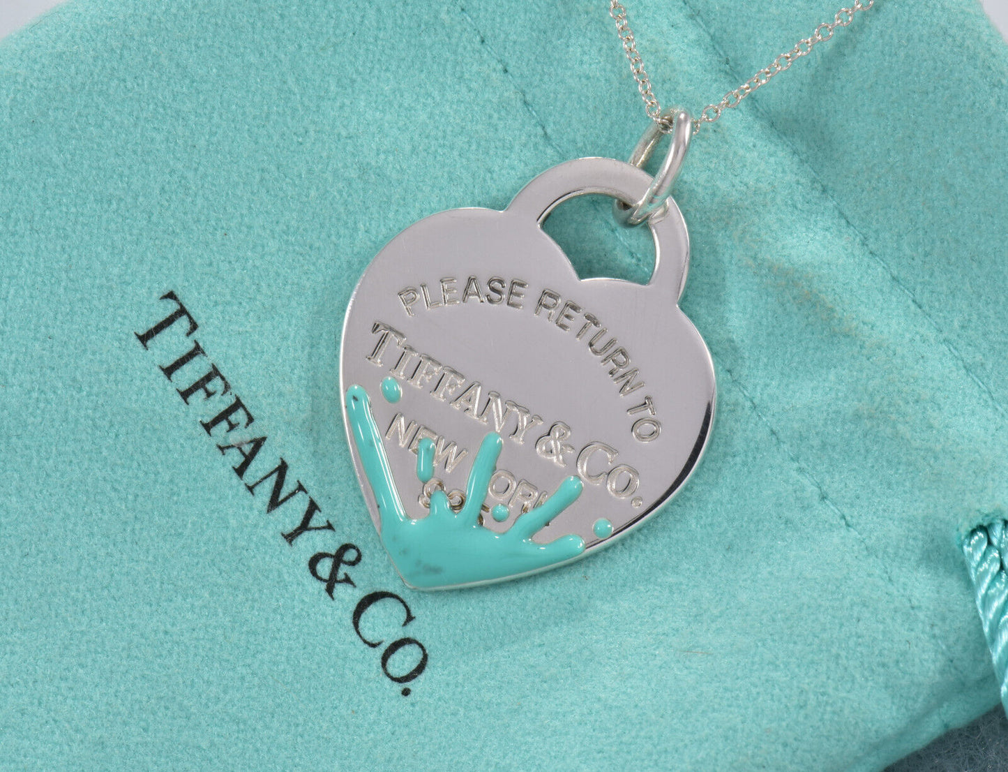 Please Return To Tiffany Silver Large Blue Enamel Splash Heart Pendant Necklace