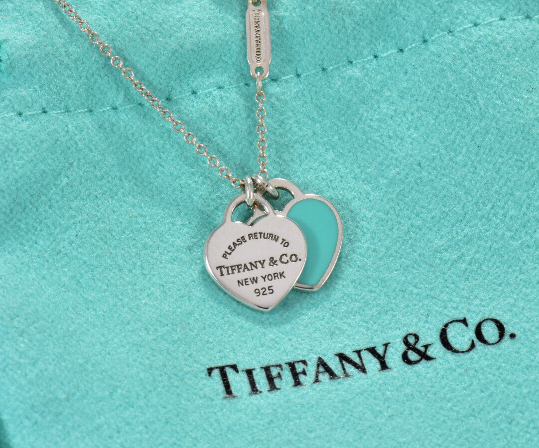 16.5" Please Return Tiffany & Co Silver Mini Double Heart Blue Enamel Necklace