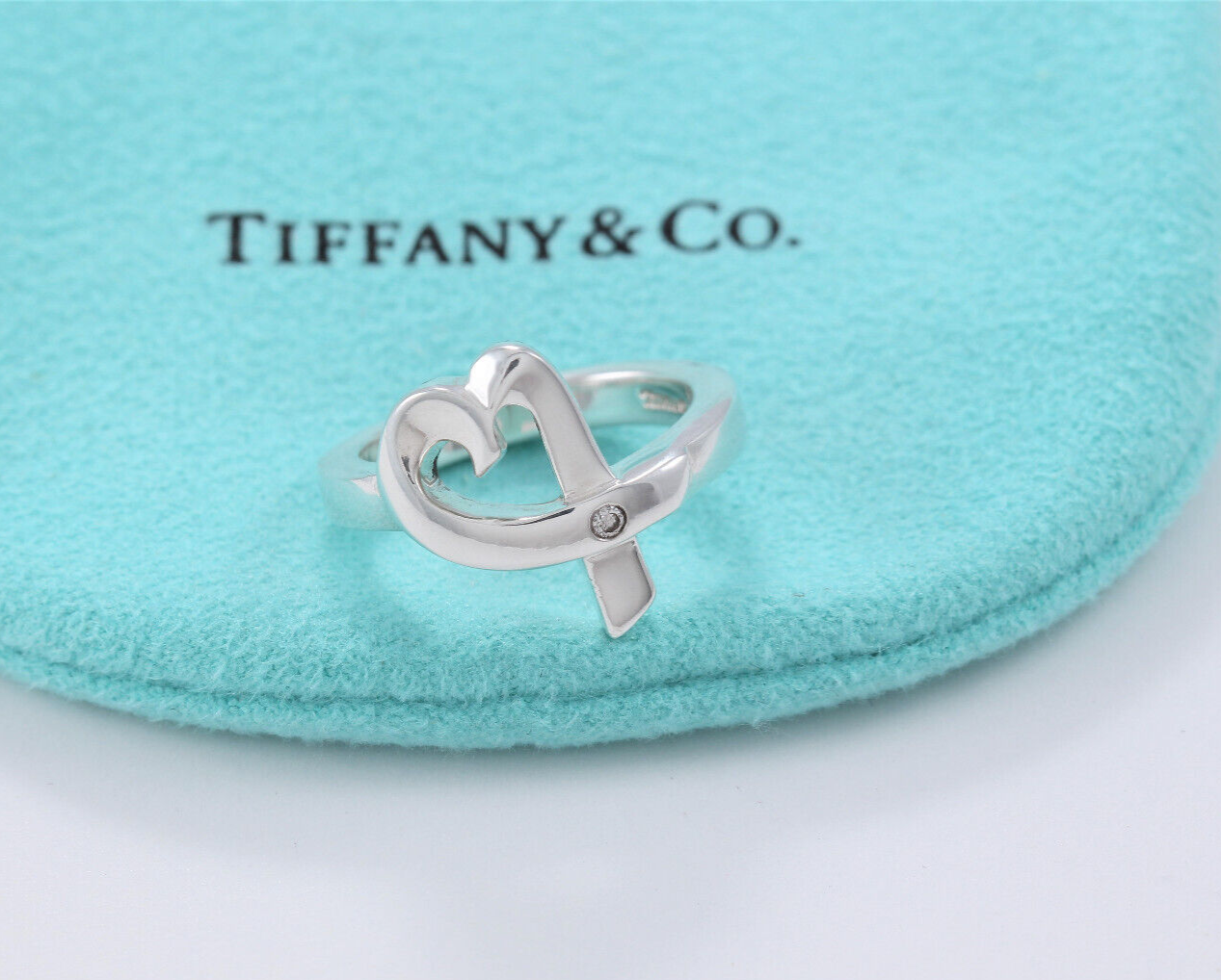 Size 5.5 Tiffany & Co Diamond Silver Paloma Picasso Loving Heart Ring Box Pouch