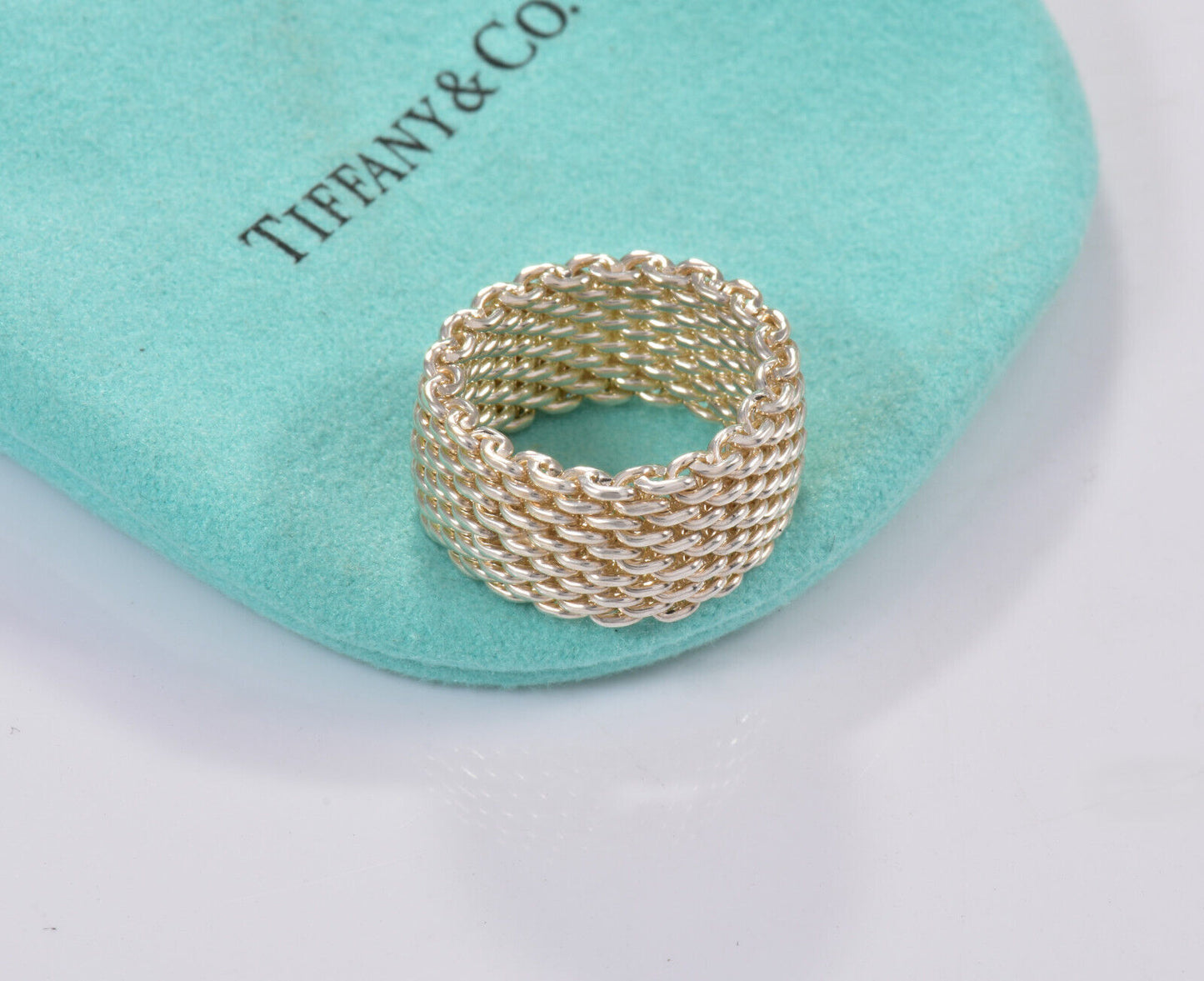 Size 6.5 Tiffany & Co Somerset Sterling Silver Mesh Love Ring & Pouch Lovely