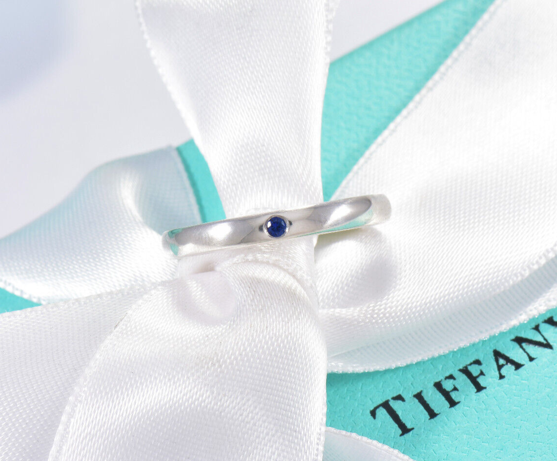 Size 12.5 Tiffany & Co Silver Elsa Peretti Blue Sapphire Stack Ring & Pouch Rare