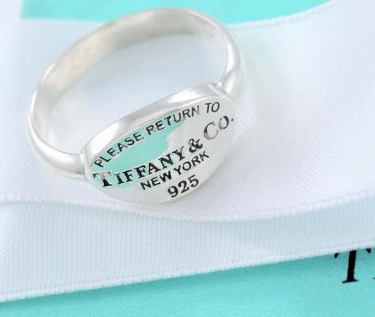 Size 6 Please Return To Tiffany & Co Silver Oval Signet Band Ring in Pouch Rare