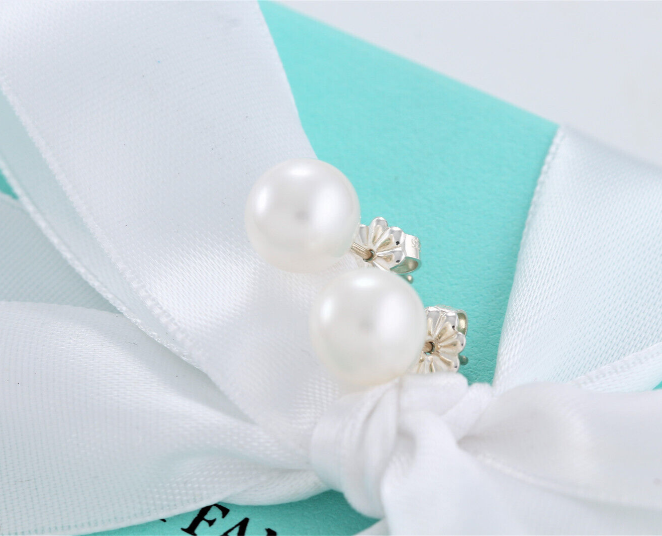 Tiffany & Co Silver Ziegfeld Pearl 9mm Bead Earrings in Box Pouch Ribbon Lovely