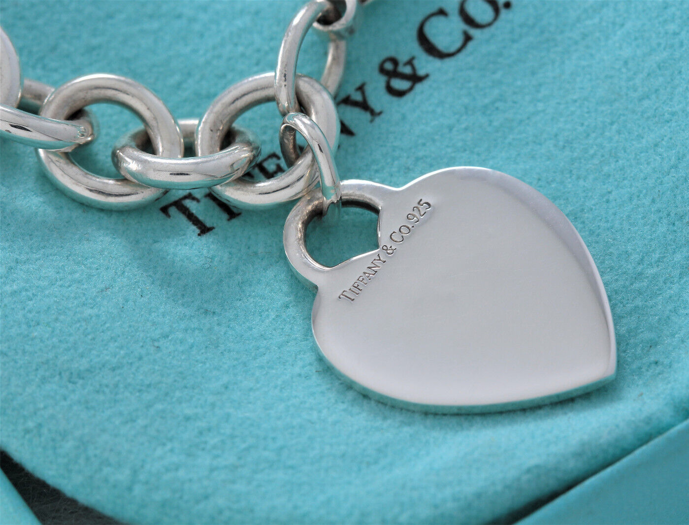 7.5" Tiffany & Co Silver Blank Engraveable Heart Tag Charm Bracelet Chain Link