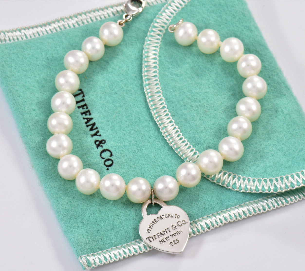 7.5" Please Return Tiffany & Co Silver Heart Charm 8mm Pearl Bead Bracelet Boxed