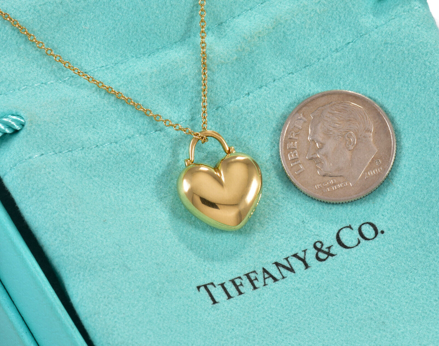 Vintage Tiffany & Co 18K Yellow Gold Puff Heart Swivel Pendant 17" Necklace Rare