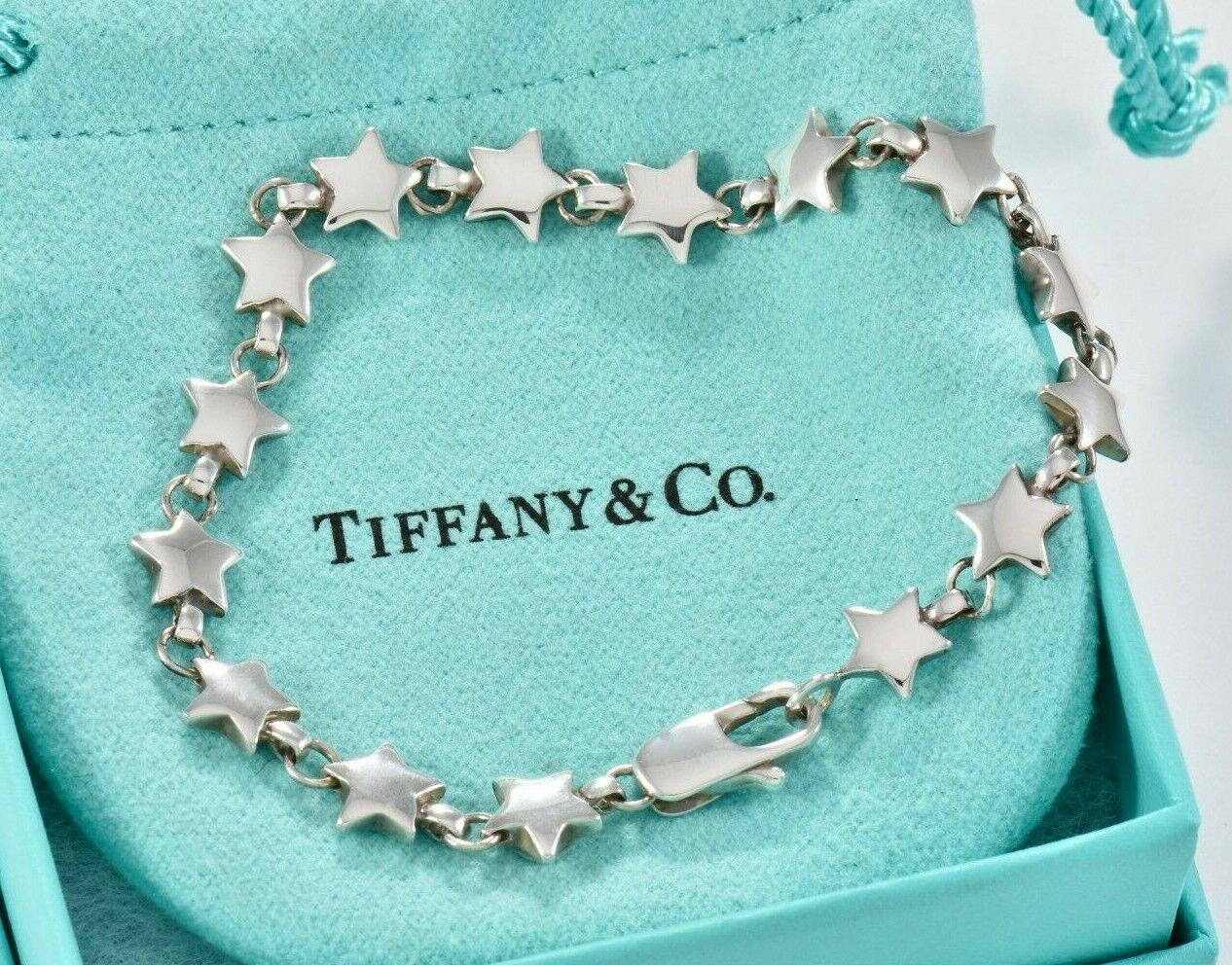 Vintage Tiffany & Co Sterling Silver Star Chain Link Bracelet with Pouch Rare