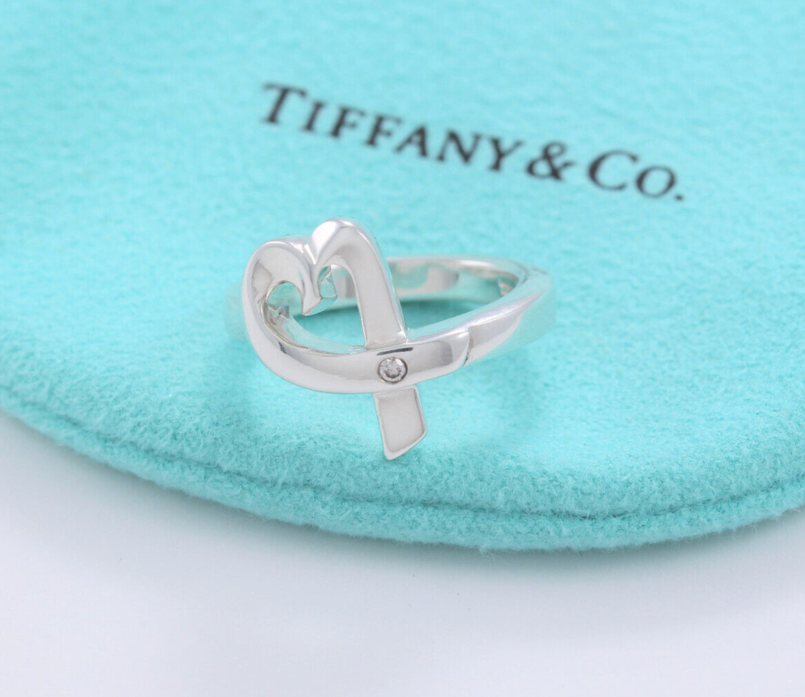 Size 5.5 Tiffany & Co Diamond Silver Paloma Picasso Loving Heart Ring Box Pouch